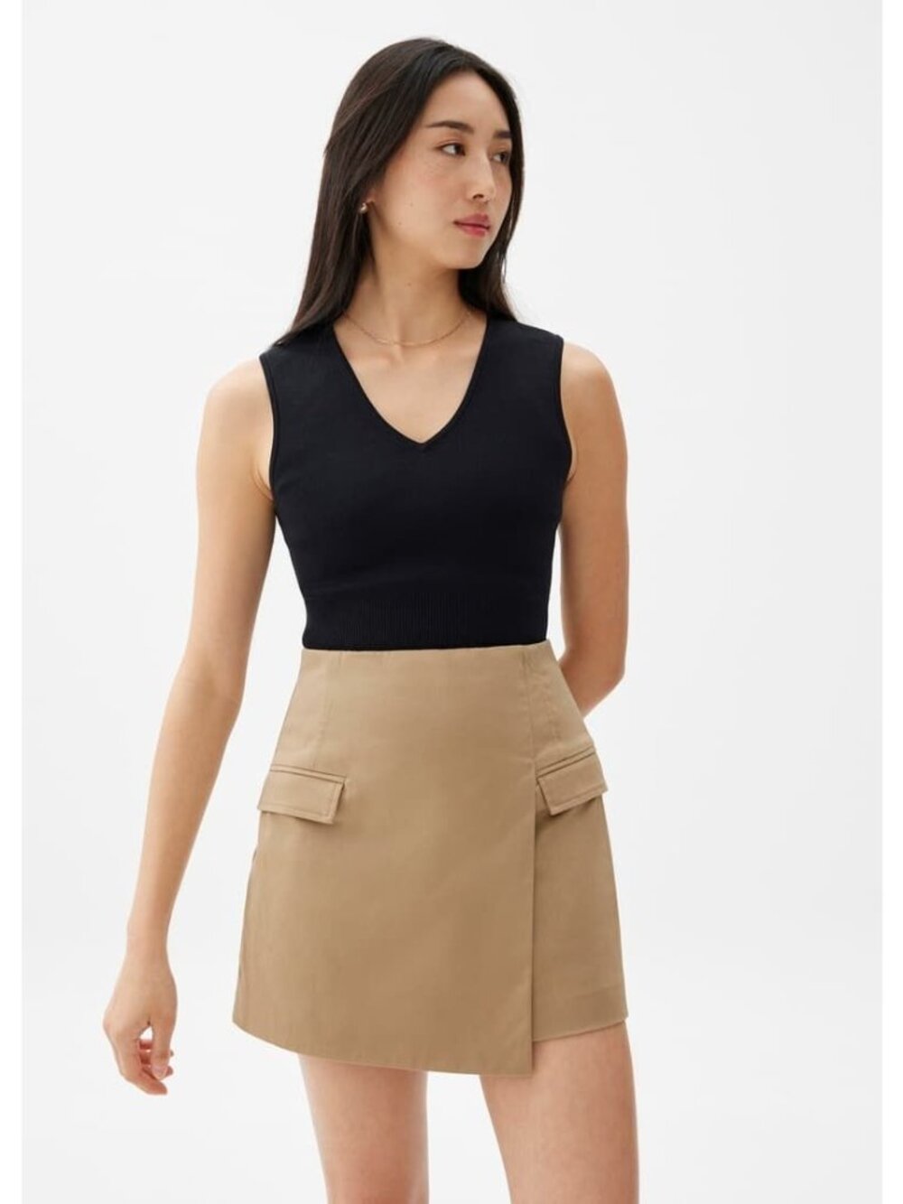 Love Bonito Khaki Cotton A-Line Skort Size 4 | Lined Pleated Utility Mini Skirt